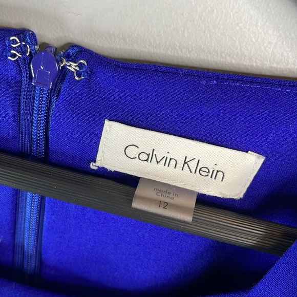 Calvin Klein Shoulder Ruffle Dress Royal Blue Form Fitting Knee Length Midi 12 - Picture 8 of 11